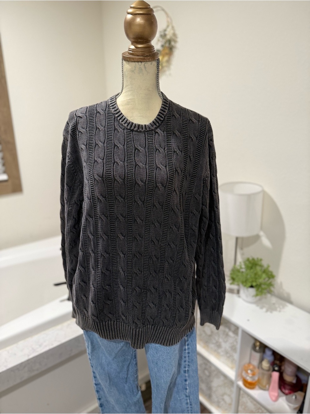 Goodthreads 100% Cotton Cable Knit Crewneck Sweater XL Charcoal Gray